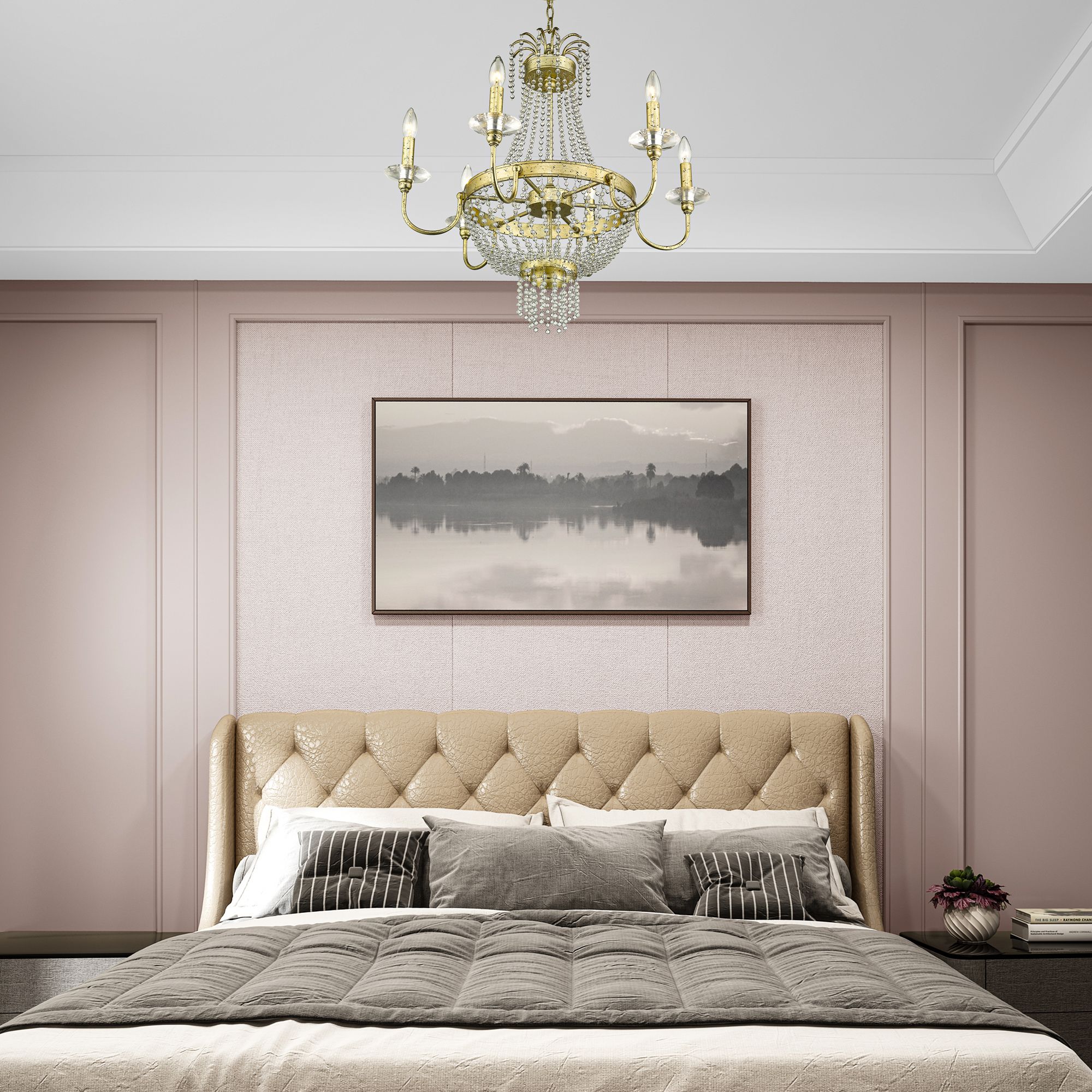 6 Light Hand Applied Winter Gold Chandelier