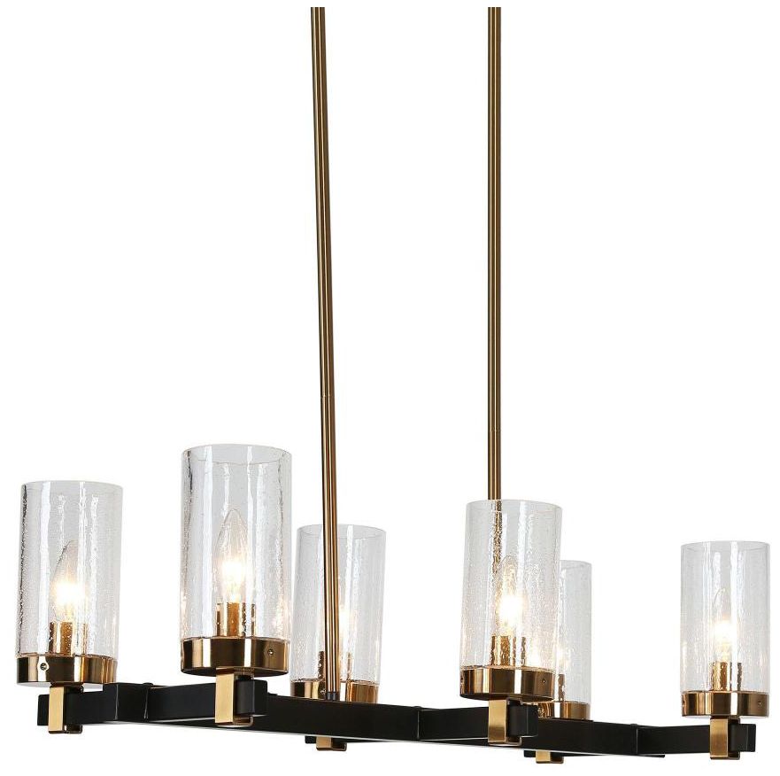 6-Light Matte Black and Plating Brass Island Lamp with Seeded Glass