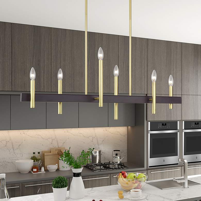 Image 1 6 Light Satin Brass Extra Large Linear Chandelier with Bronze Accents