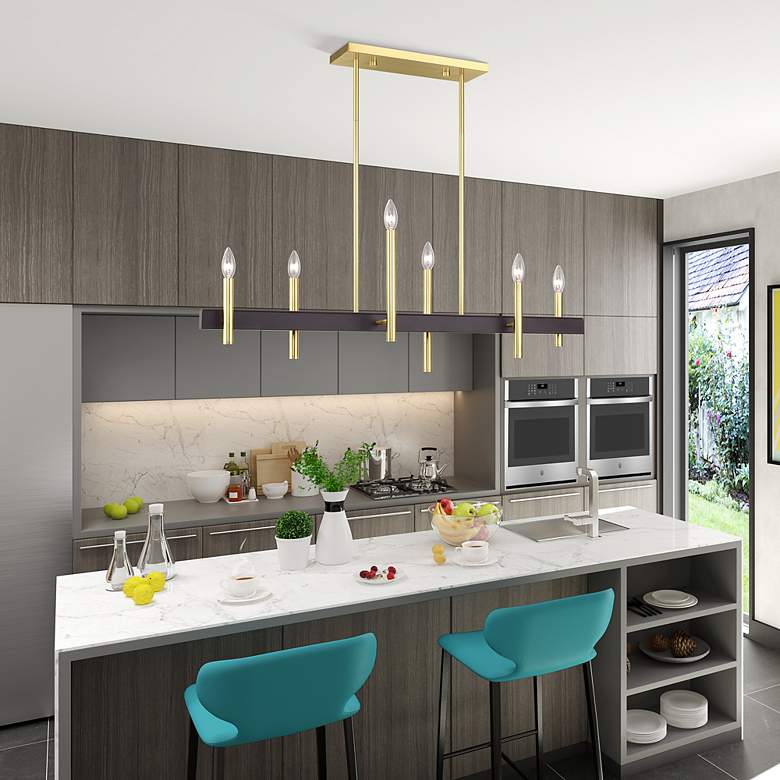 Image 7 6 Light Satin Brass Extra Large Linear Chandelier with Bronze Accents more views