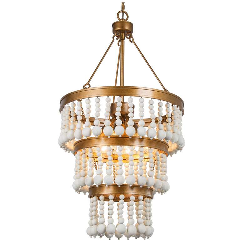 Image 1 6-Lights 16"W Aged Gold and Distressed White Wood Beads Chandelier