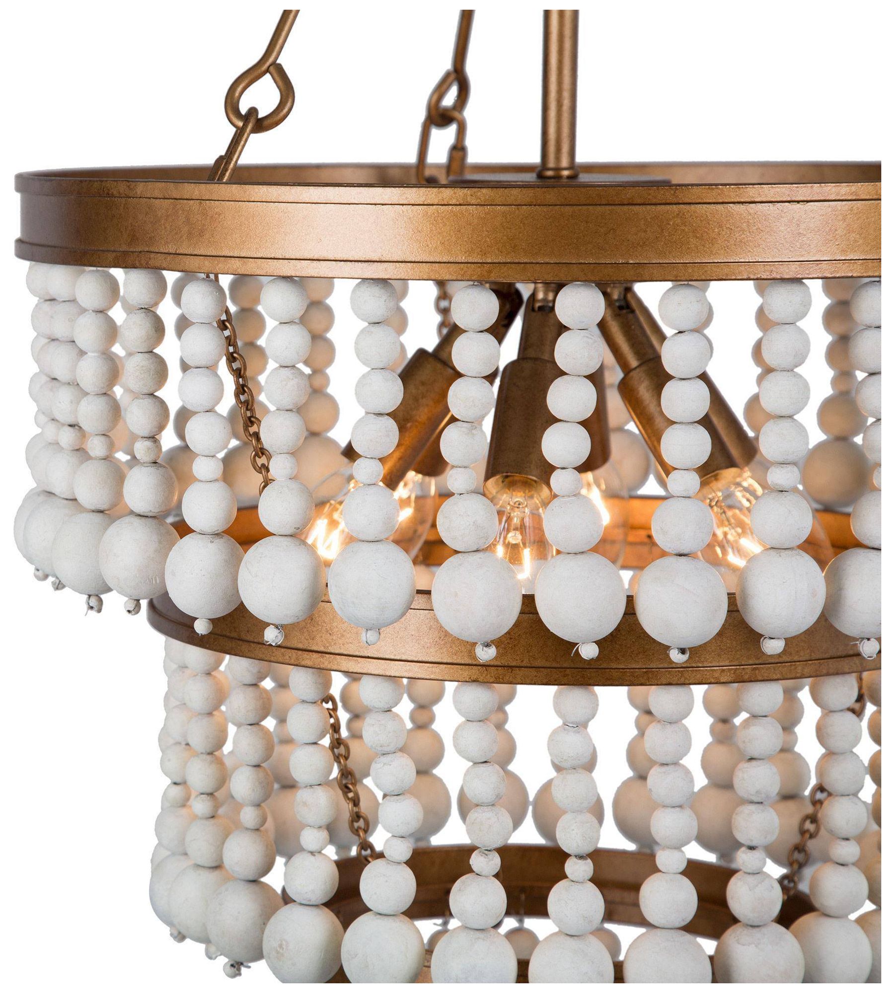 Image 2 6-Lights 16"W Aged Gold and Distressed White Wood Beads Chandelier more views