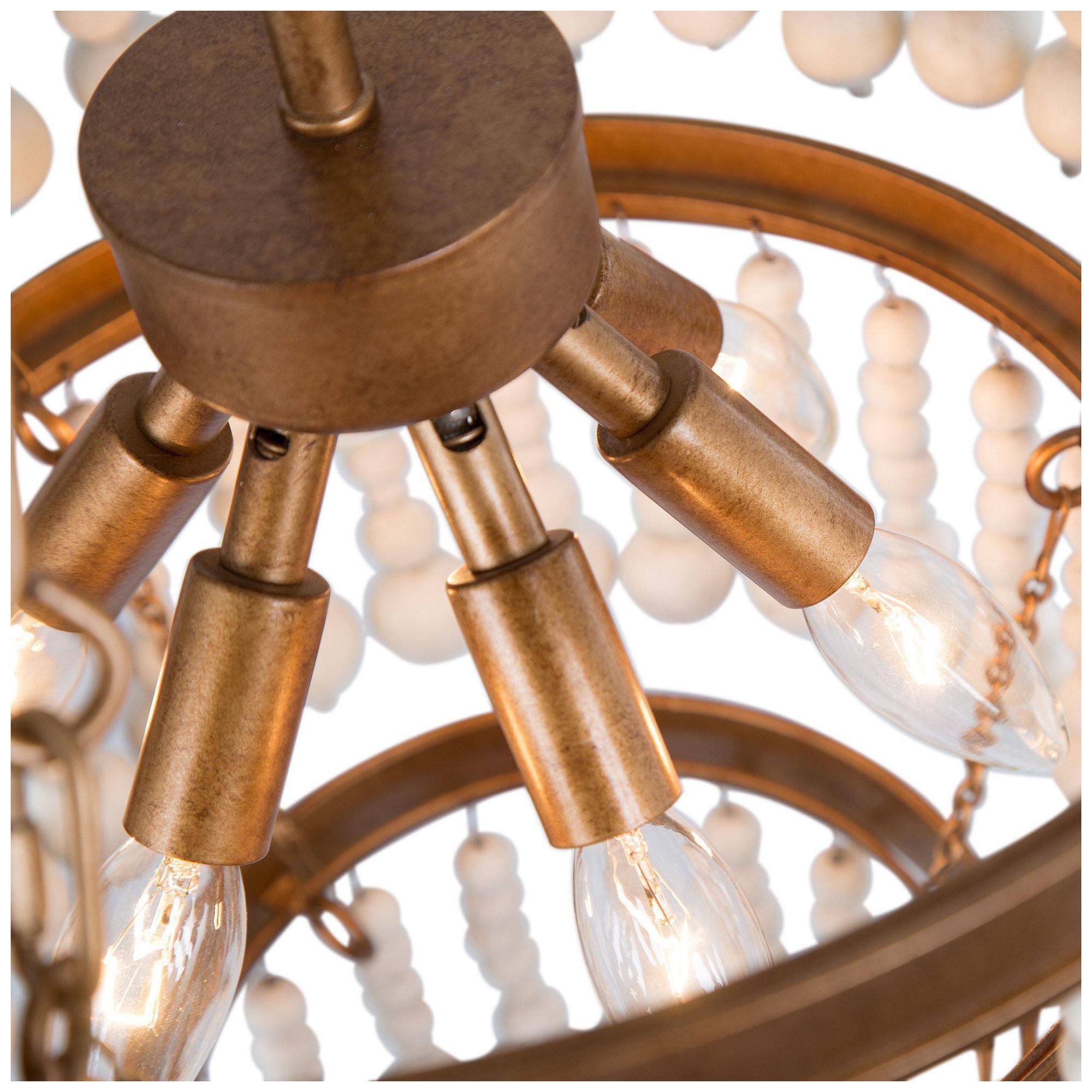 Image 3 6-Lights 16"W Aged Gold and Distressed White Wood Beads Chandelier more views