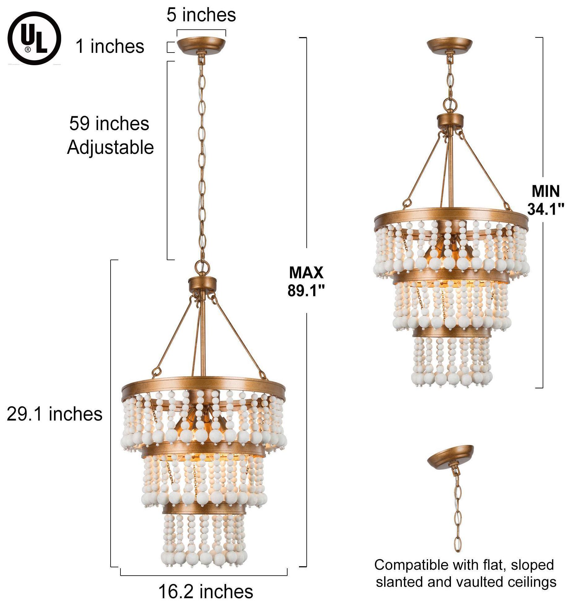 Image 4 6-Lights 16"W Aged Gold and Distressed White Wood Beads Chandelier more views