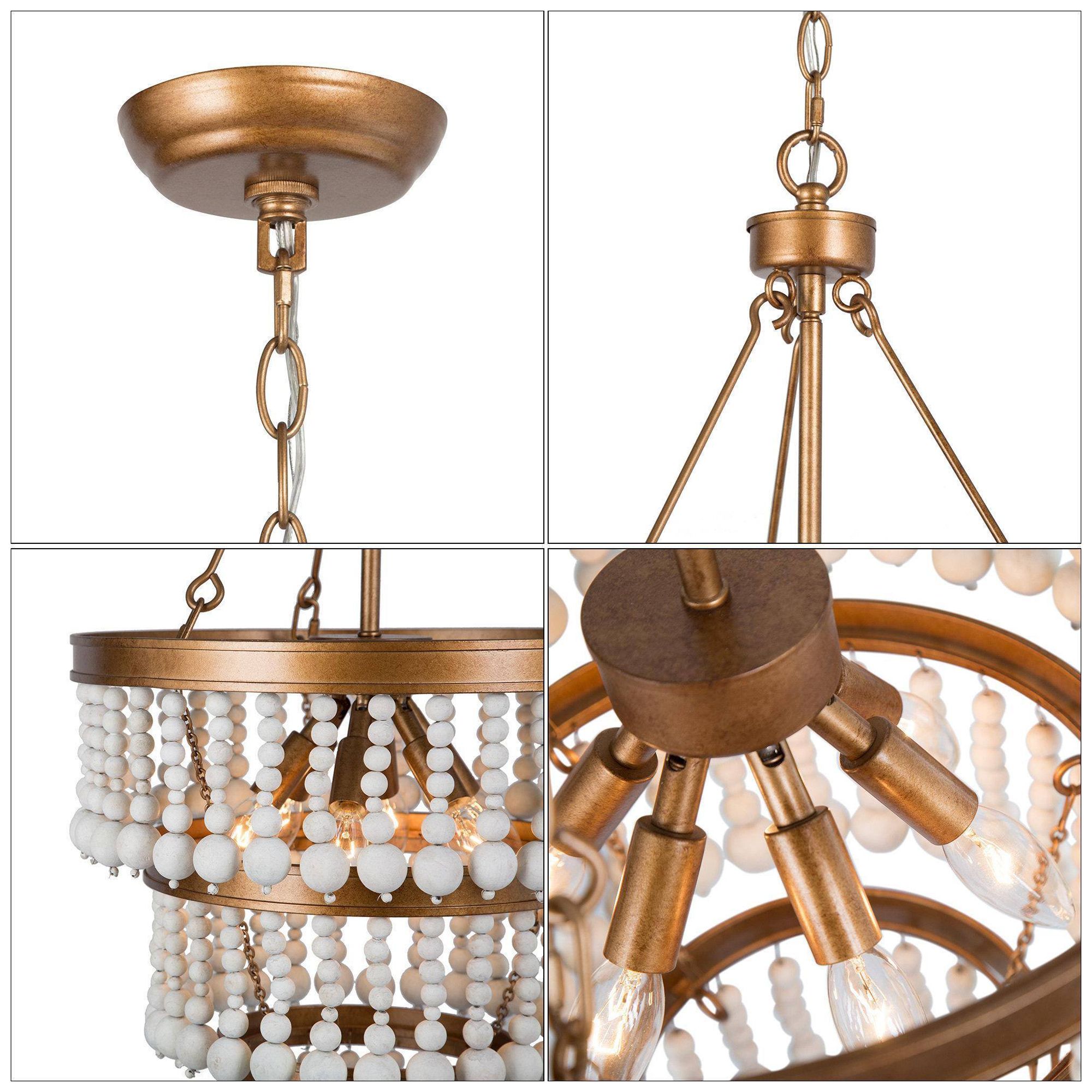 Image 5 6-Lights 16"W Aged Gold and Distressed White Wood Beads Chandelier more views