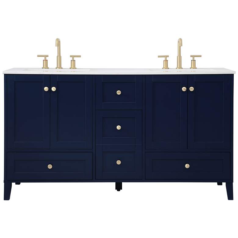 Image 1 60 in. Blue Double Sink Bathroom Vanity, Calacatta White Quartz Top