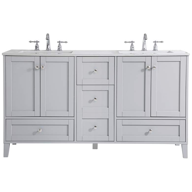 Image 1 60 in. Grey Double Sink Bathroom Vanity, White Calacatta Quartz Top