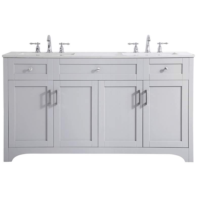 Image 1 60 In. Grey Double Sink Bathroom Vanity With White Calacatta Quartz Top
