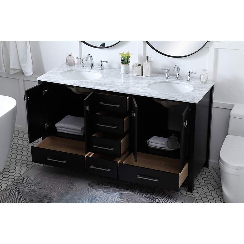 Image 3 60-Inch Black Double Sink Bathroom Vanity with Carrara White Marble Top more views
