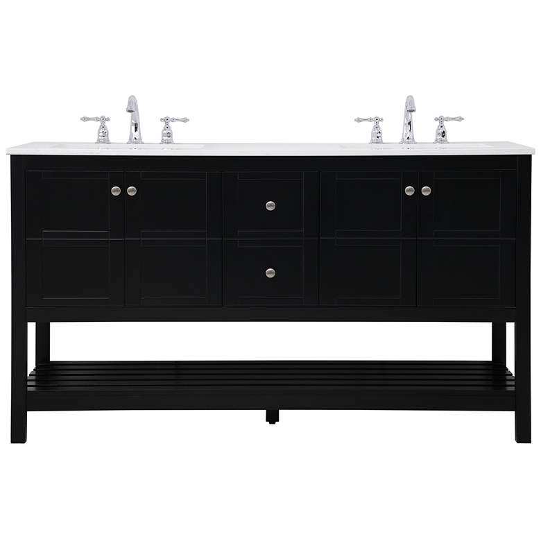 Image 1 60-Inch Black Double Sink Bathroom Vanity With White Calacatta Quartz Top