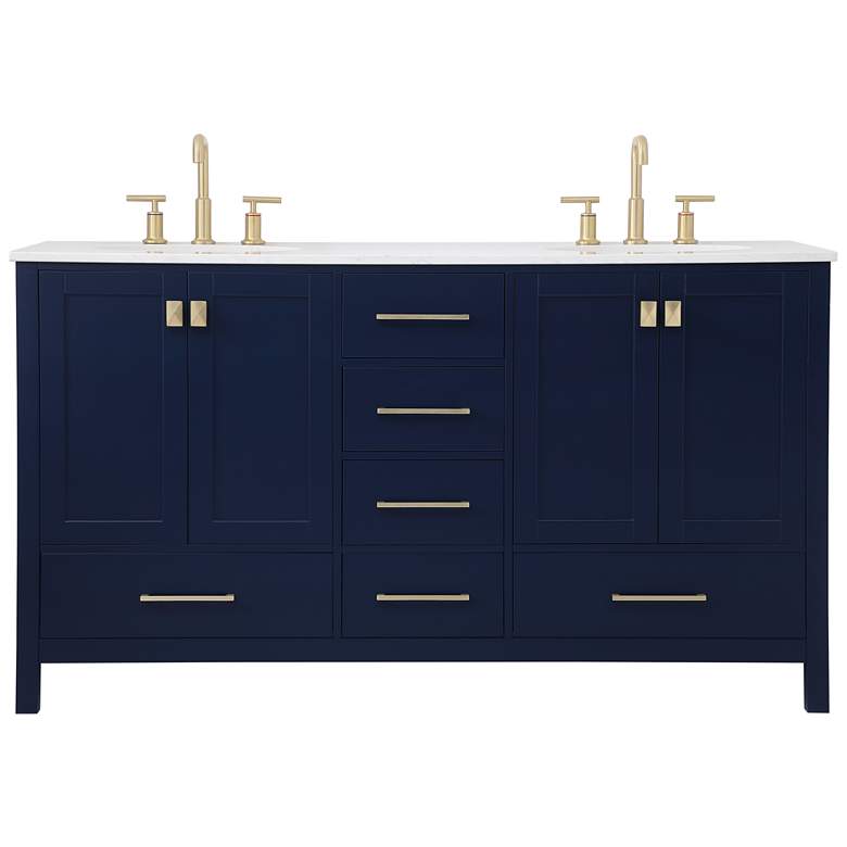 Image 1 60 inch Blue Double Sink Bathroom Vanity w/ Calacatta White Quartz Top