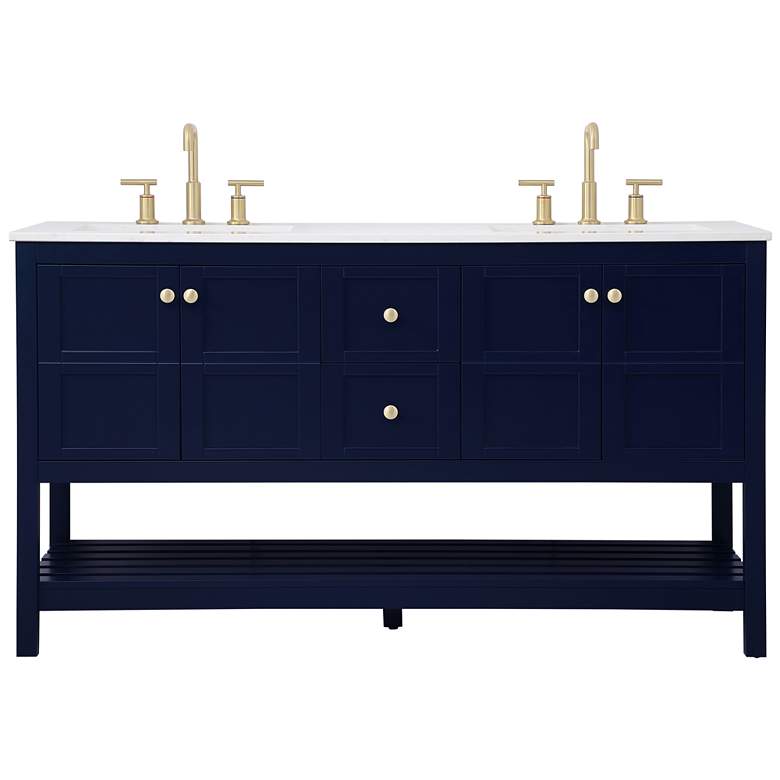 Image 1 60-Inch Blue Double Sink Bathroom Vanity With White Calacatta Quartz Top
