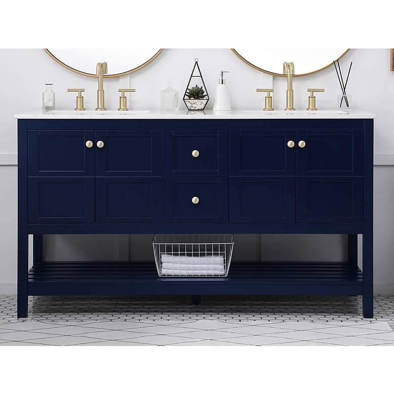 Image 1 60-Inch Blue Double Sink Bathroom Vanity With White Calacatta Quartz Top