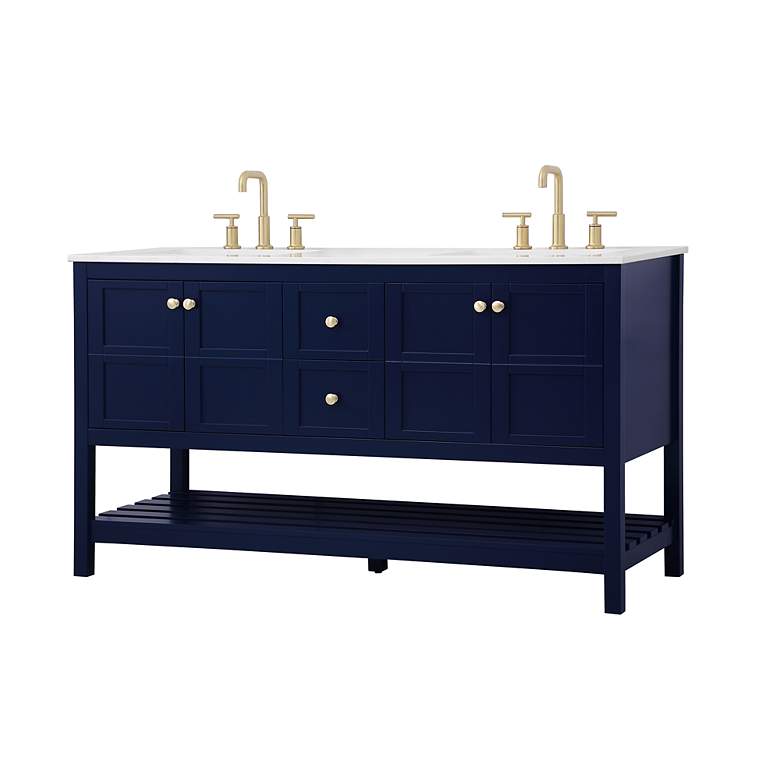 Image 3 60-Inch Blue Double Sink Bathroom Vanity With White Calacatta Quartz Top more views