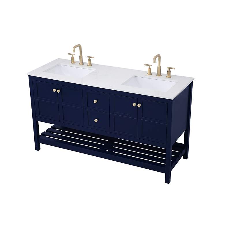 Image 4 60-Inch Blue Double Sink Bathroom Vanity With White Calacatta Quartz Top more views