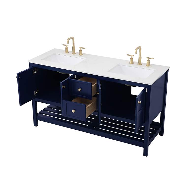 Image 5 60-Inch Blue Double Sink Bathroom Vanity With White Calacatta Quartz Top more views