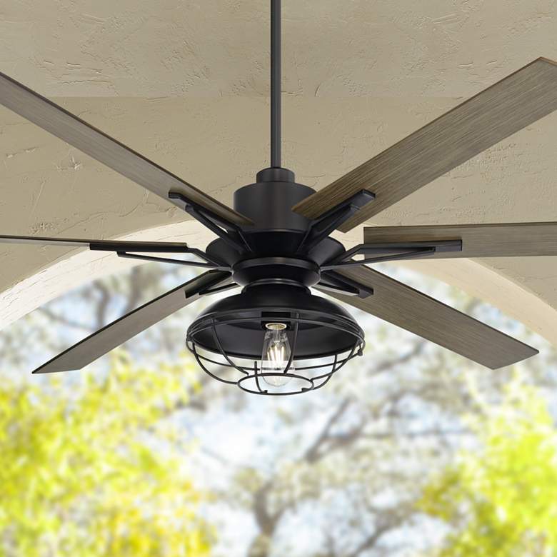 Image 1 60 inch Casa Vieja Expedition Matte Black Damp Rated LED Fan with Remote