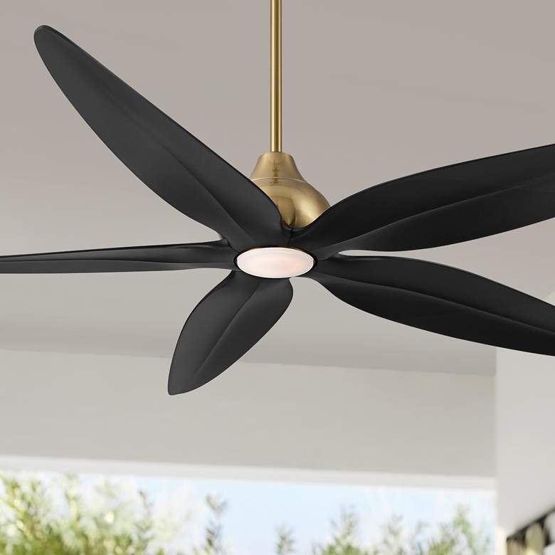 Image 1 60" Casa Vieja Lotus Bay Brass and Black Damp Remote LED Ceiling Fan