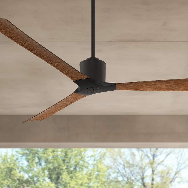 Image 1 60" Casa Vieja Lume Matte Black and Koa Damp Ceiling Fan with Remote