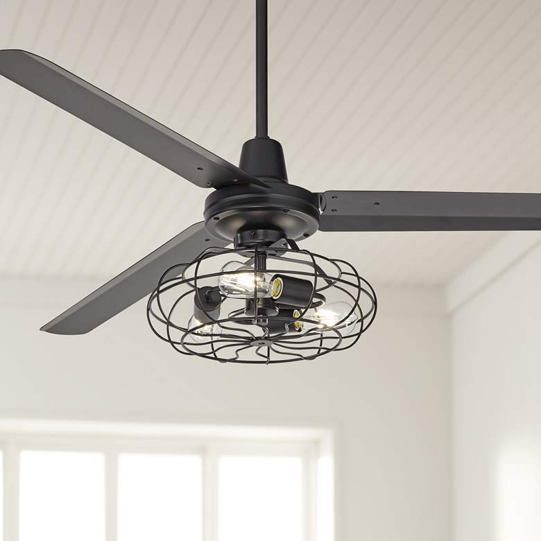 Image 1 60" Casa Vieja Turbina Matte Black Cage Light Ceiling Fan with Remote