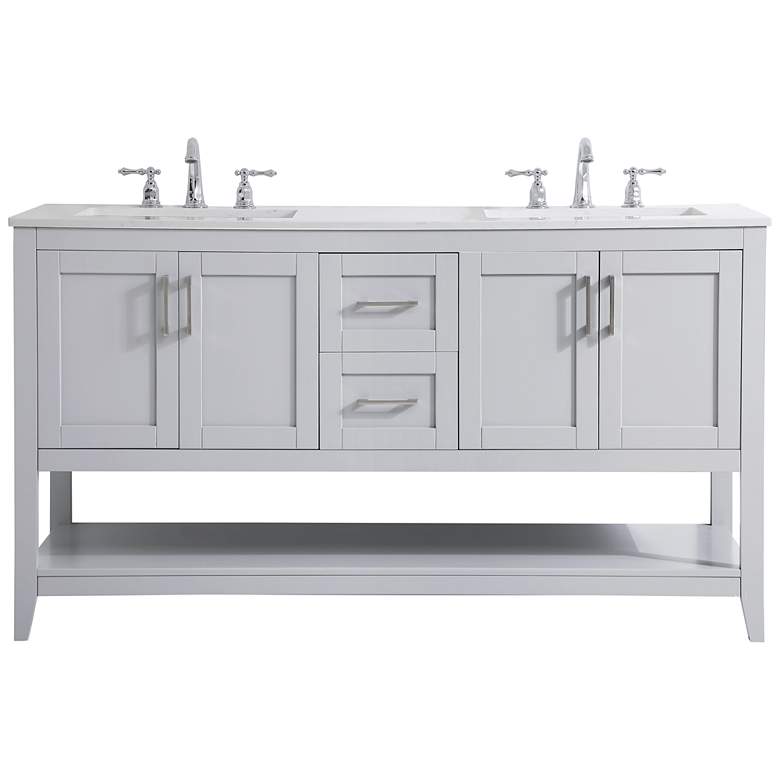 Image 1 60-Inch Grey Double Sink Bathroom Vanity With White Calacatta Quartz Top