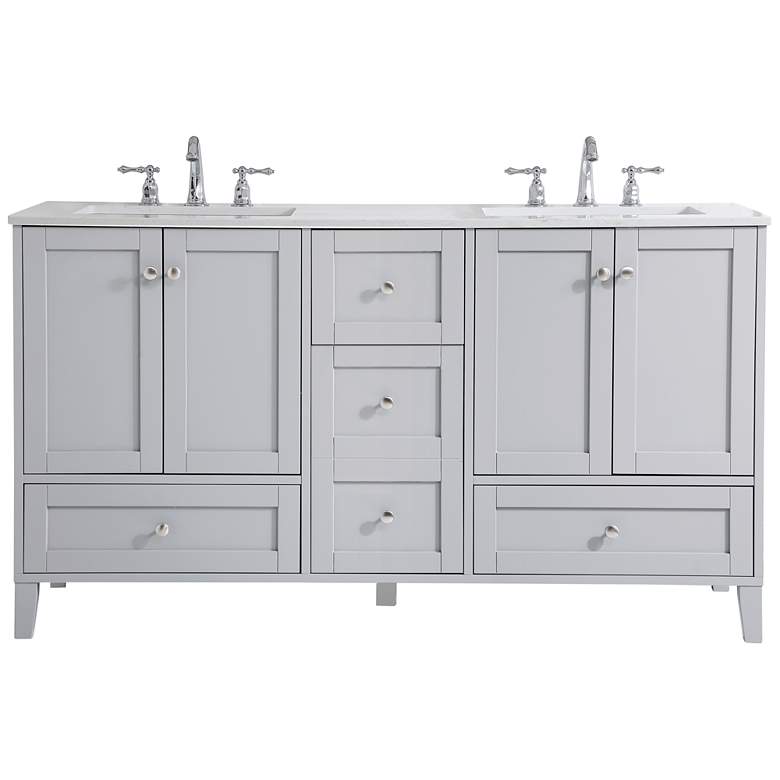 Image 1 60-Inch Grey Double Sink Bathroom Vanity With White Calacatta Quartz Top