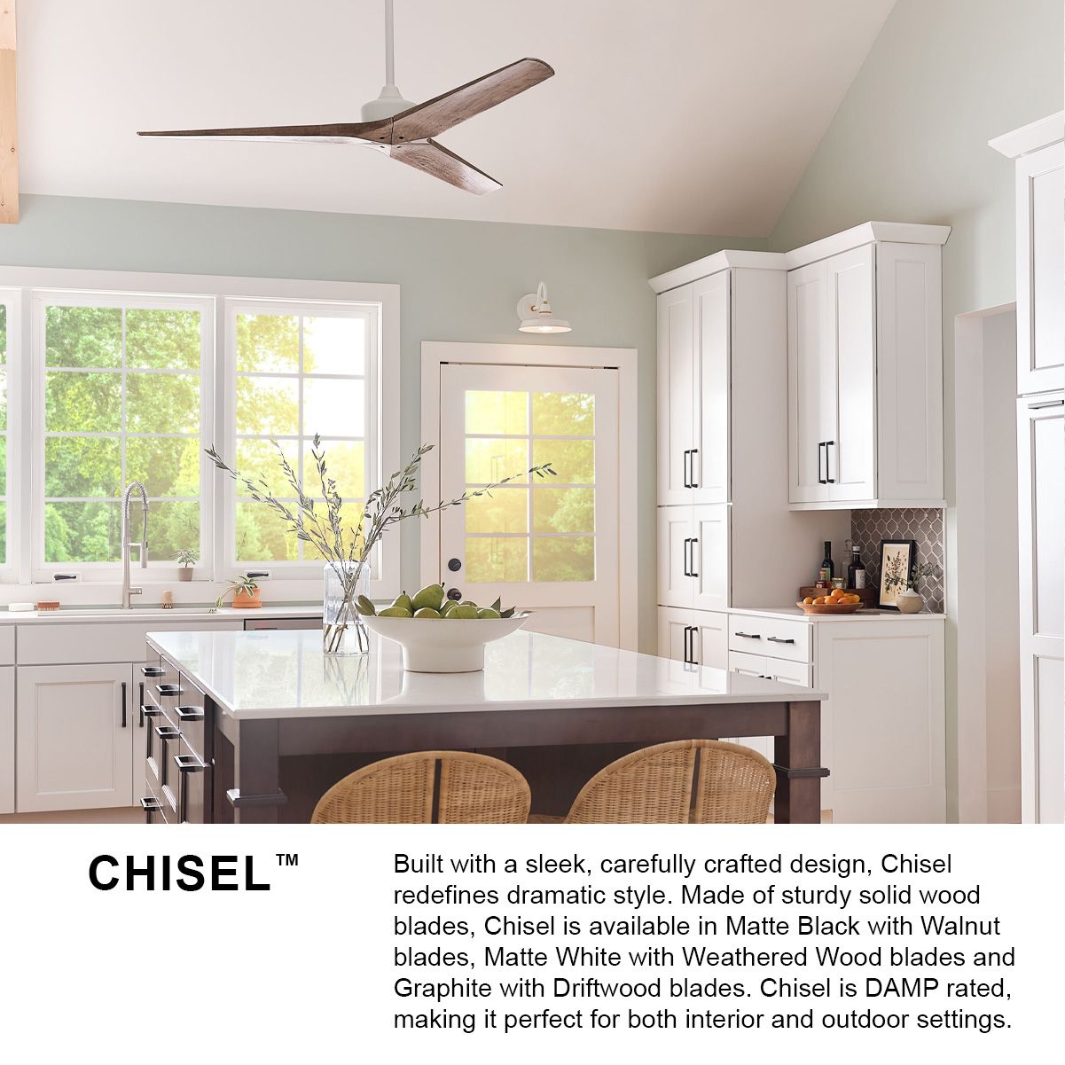 60" Hinkley Chisel Matte Black and Wood Damp Rated Smart Ceiling Fan