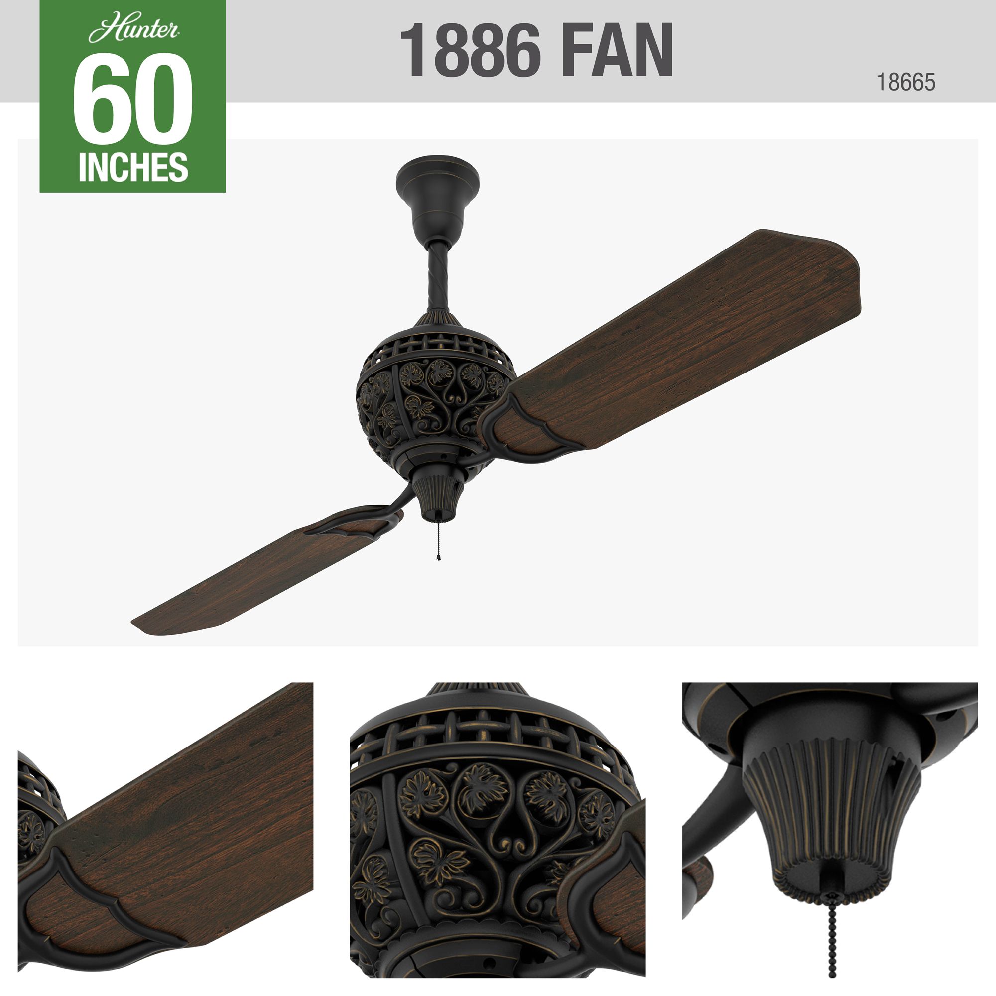 Image 4 60" Hunter 1886 Limited Edition 2-Blade Ceiling Fan with Pull Chain more views