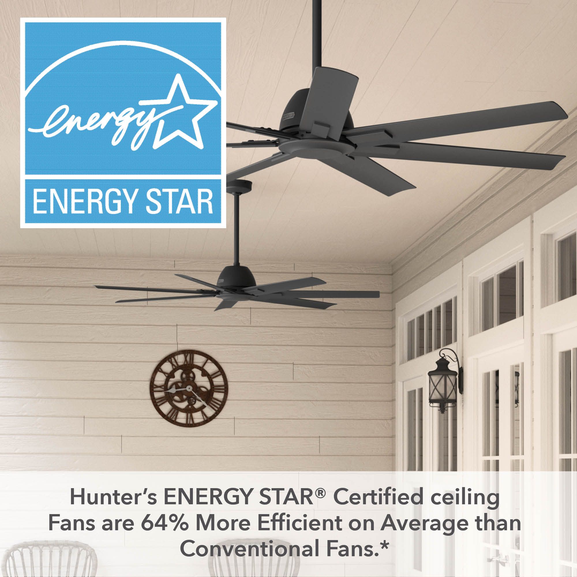 60" Hunter Downtown Matte Black Damp Ceiling Fan with Wall Control