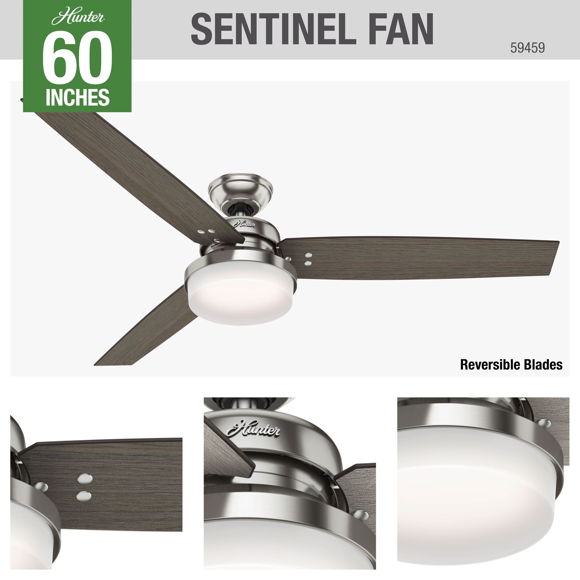 Image 6 60" Hunter Sentinel Brushed Nickel LED Ceiling Fan with Remote more views
