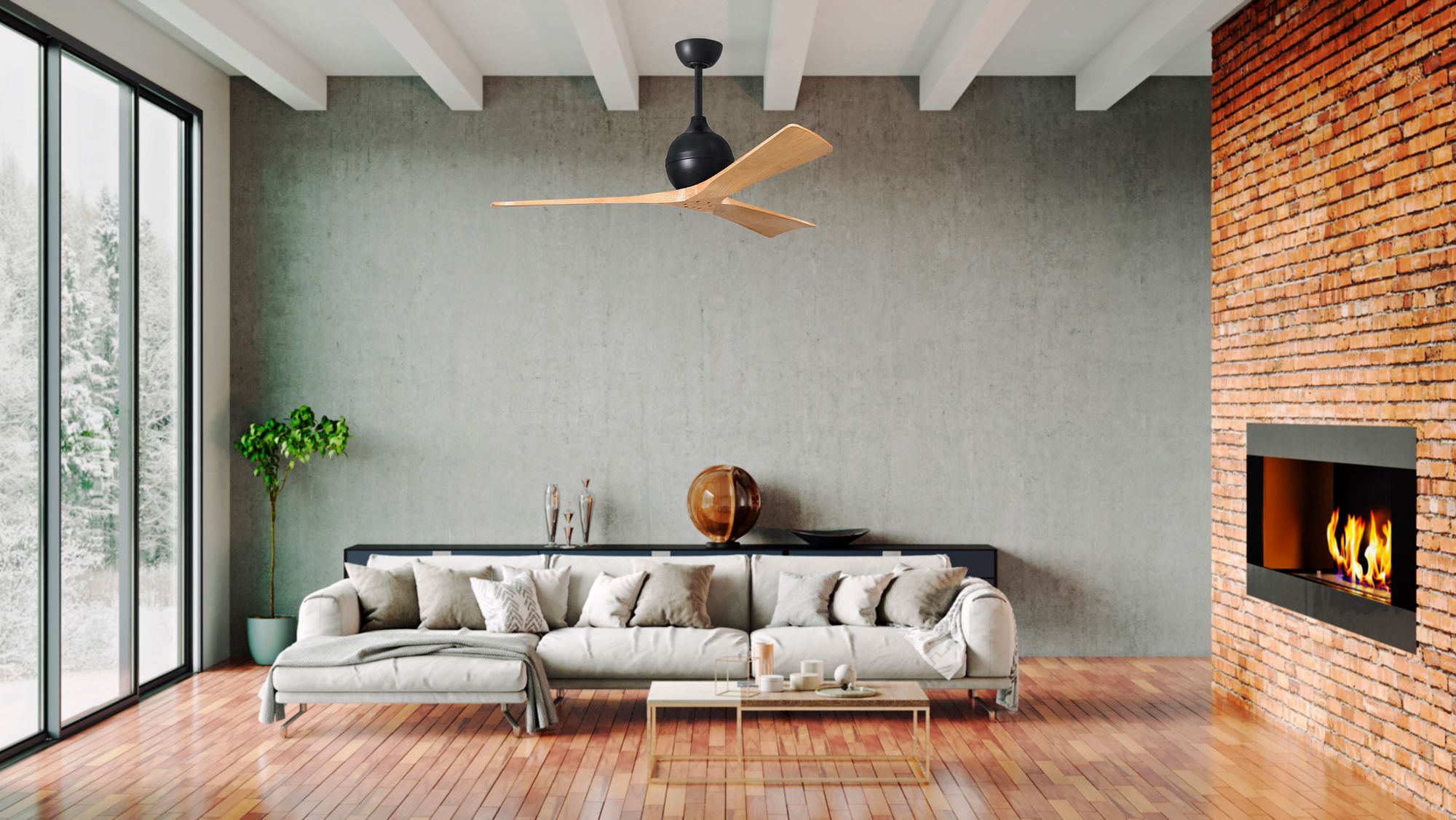 60" Irene-3 Matte Black and Light Maple Ceiling Fan