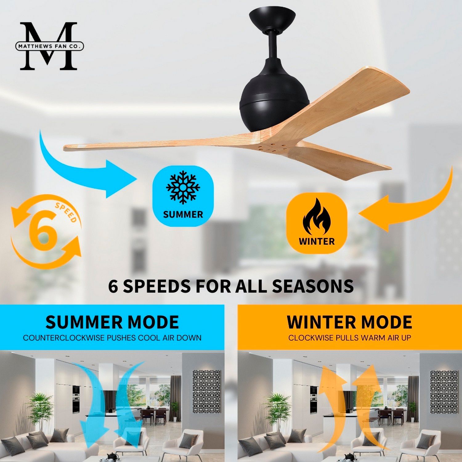 60" Irene-3 Matte Black and Light Maple Ceiling Fan