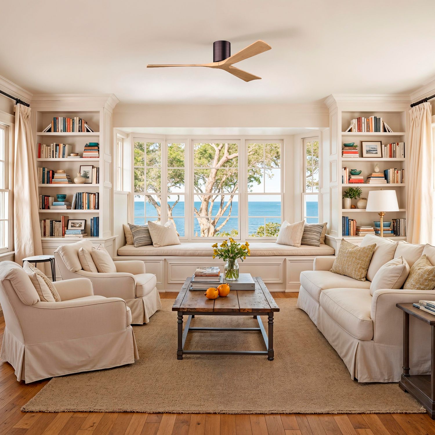 60" Irene-3H Brushed Bronze and Light Maple Hugger Ceiling Fan