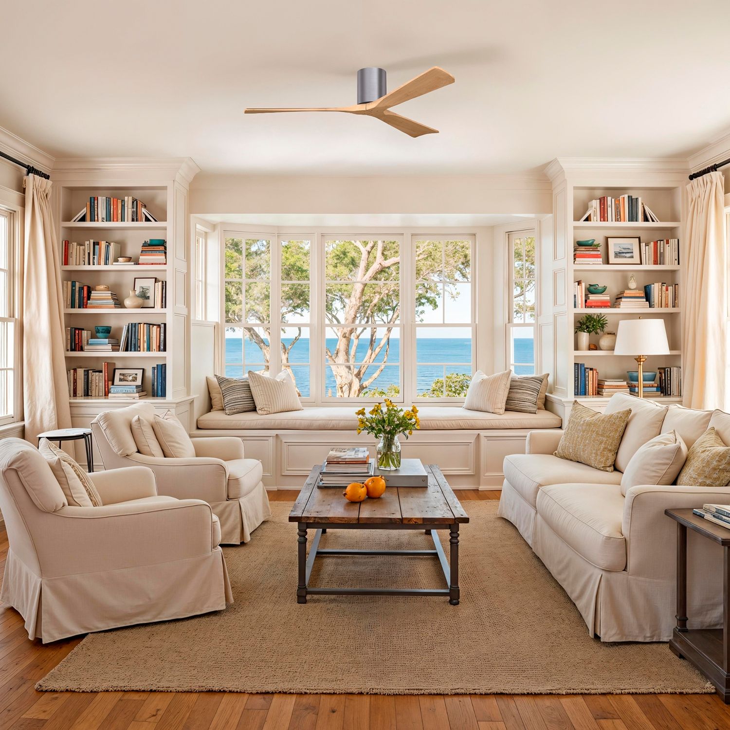 60" Irene-3H Brushed Pewter and Light Maple Hugger Ceiling Fan