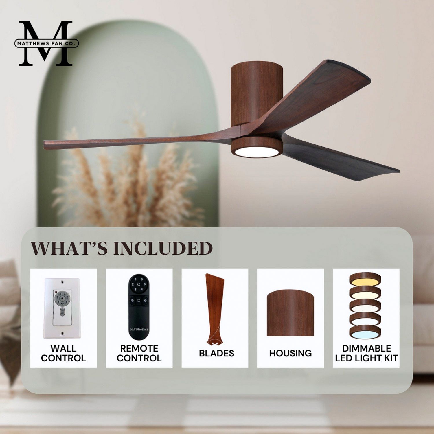 60" Irene-3HLK Walnut LED Damp Rated Hugger Ceiling Fan with Remote