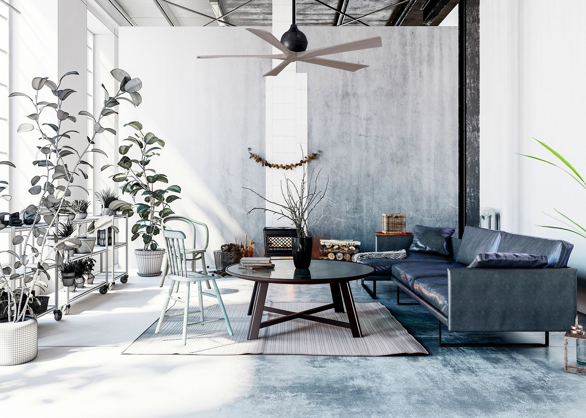 60" Irene-5 Matte Black and Gray Ash Ceiling Fan