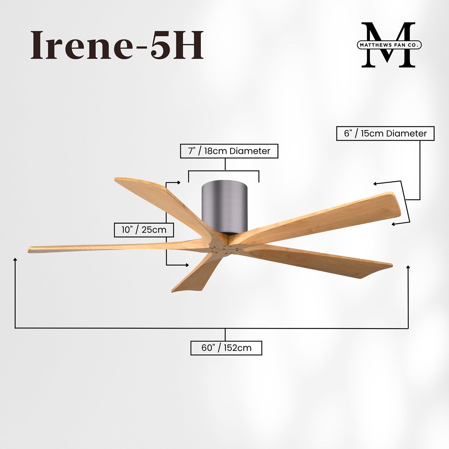 60" Irene-5H Brushed Pewter and Light Maple Ceiling Fan