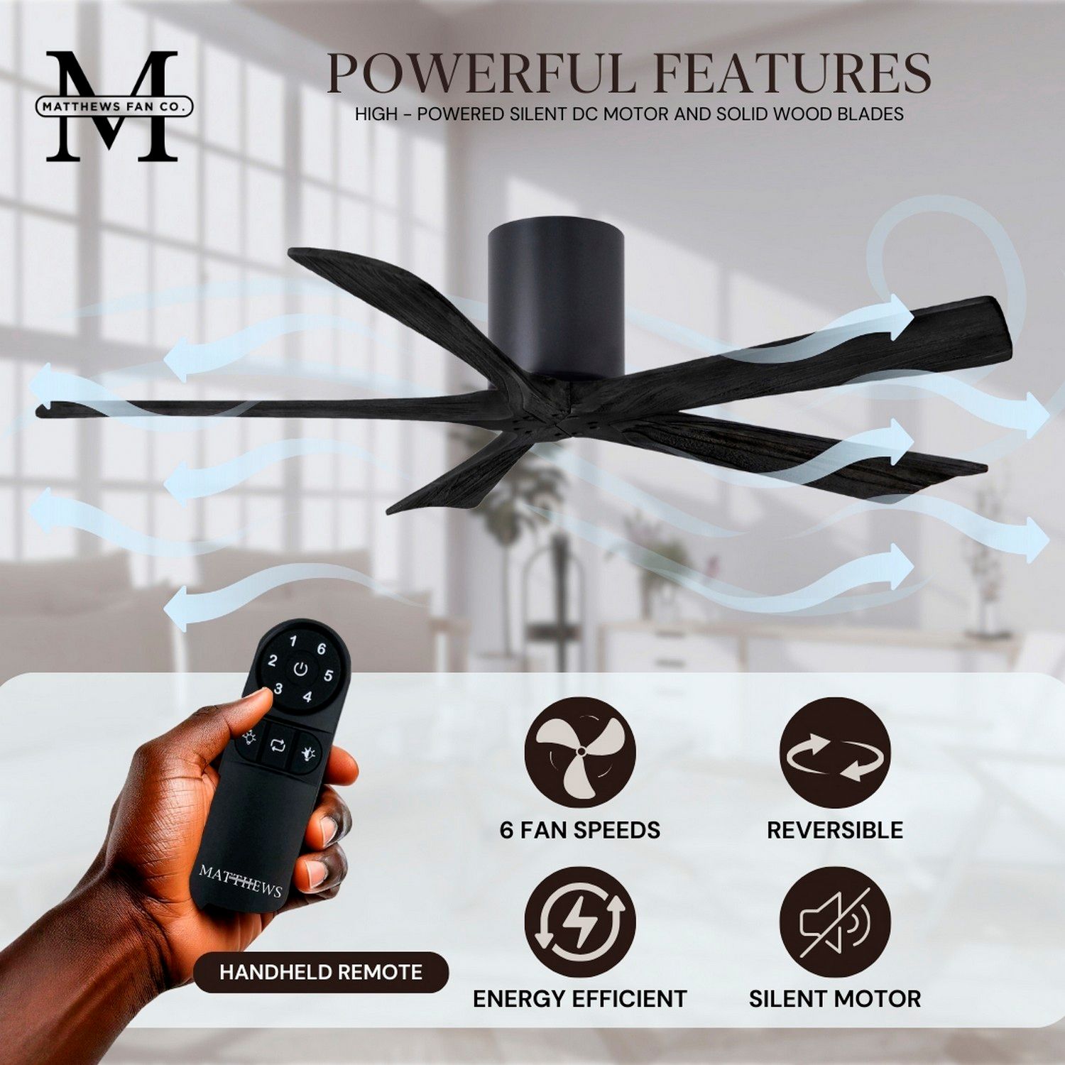 60" Irene-5H Matte Black Hugger Ceiling Fan with Remote