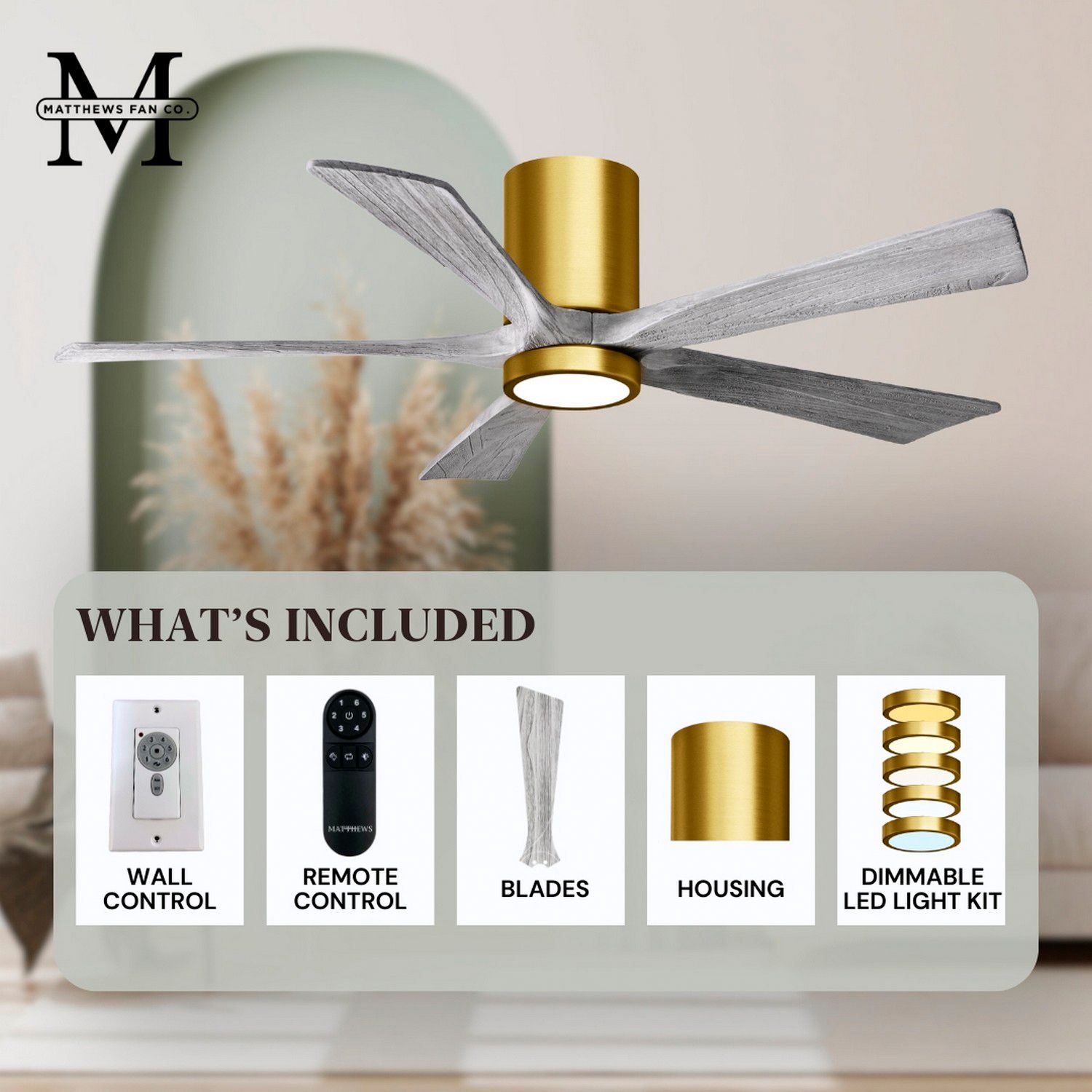 60" Irene-5HLK Brass and Barn Wood Damp Rated LED Fan with Remote