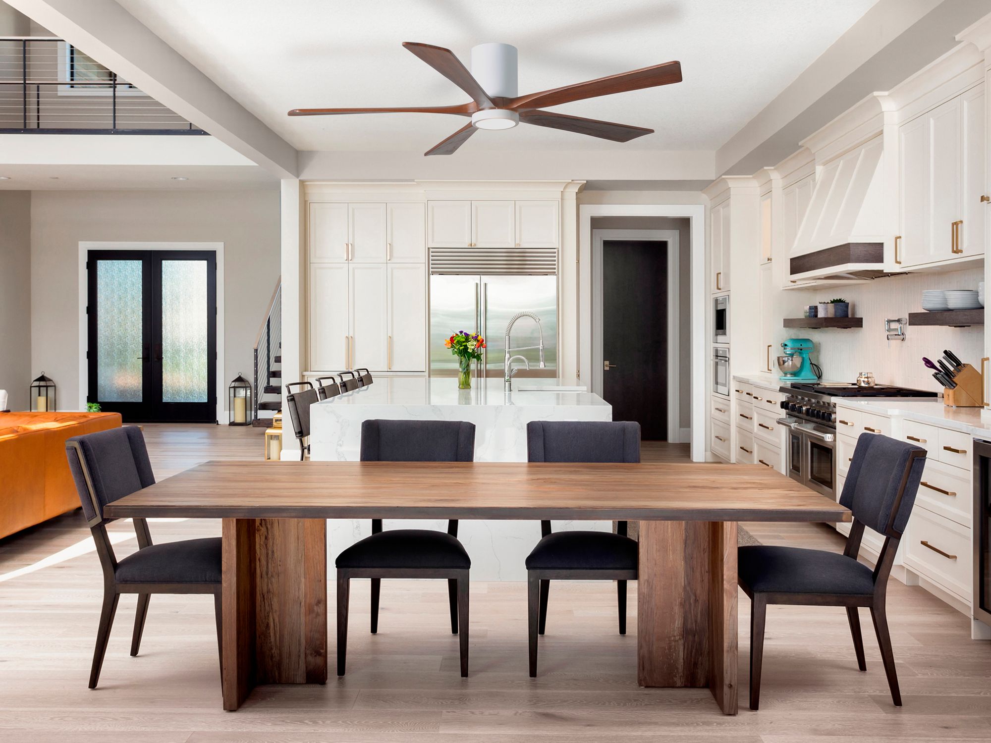 60" Irene-5HLK Gloss White and Walnut LED Ceiling Fan with Remote