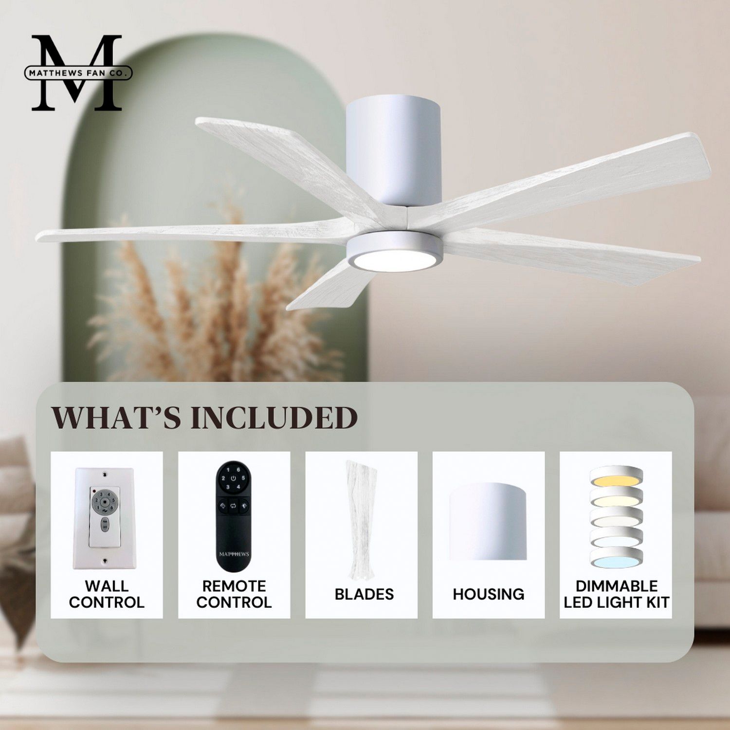 60" Irene-5HLK Gloss White LED Hugger Ceiling Fan with Remote