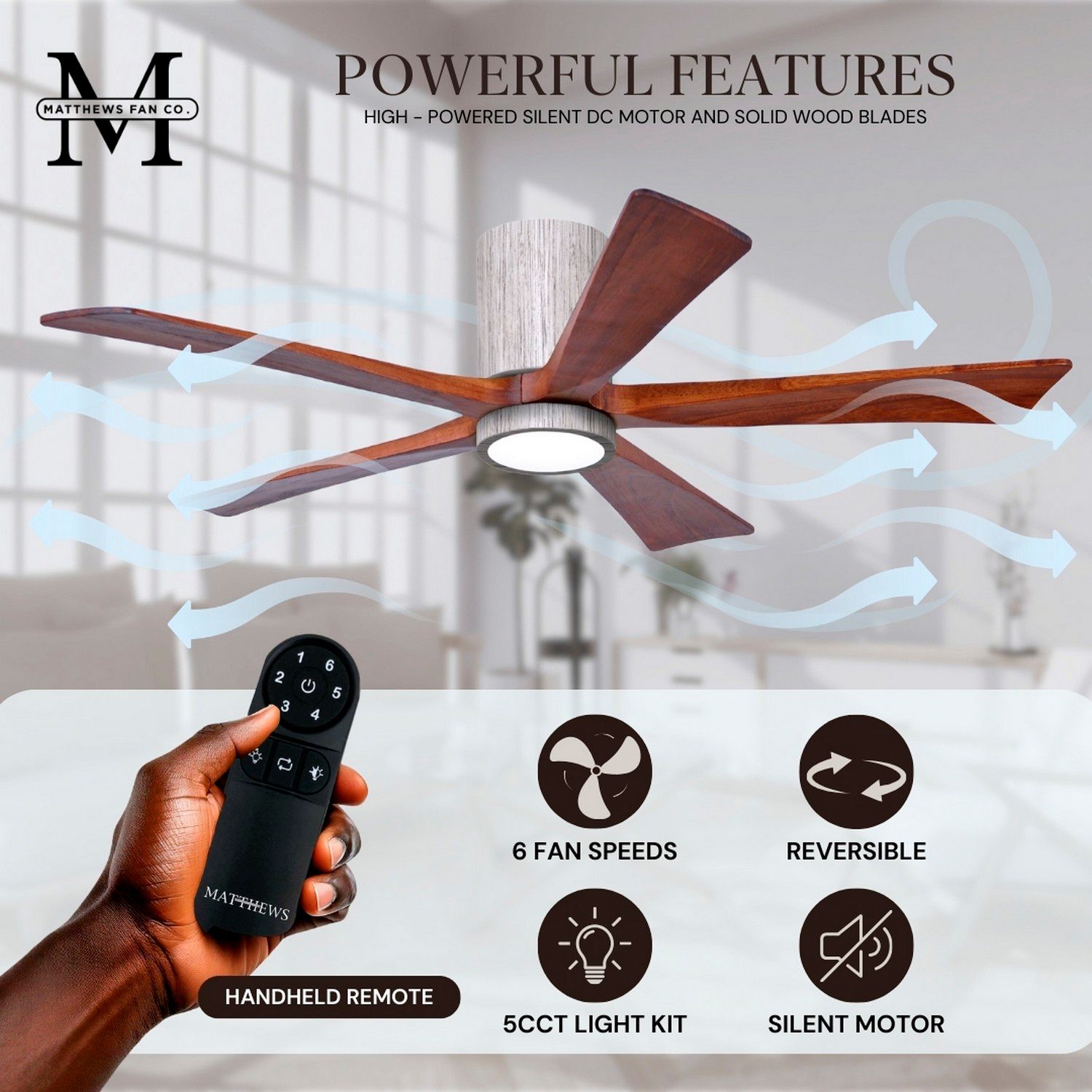 60" Irene-5HLK LED Damp Barnwood Walnut Hugger Ceiling Fan with Remote