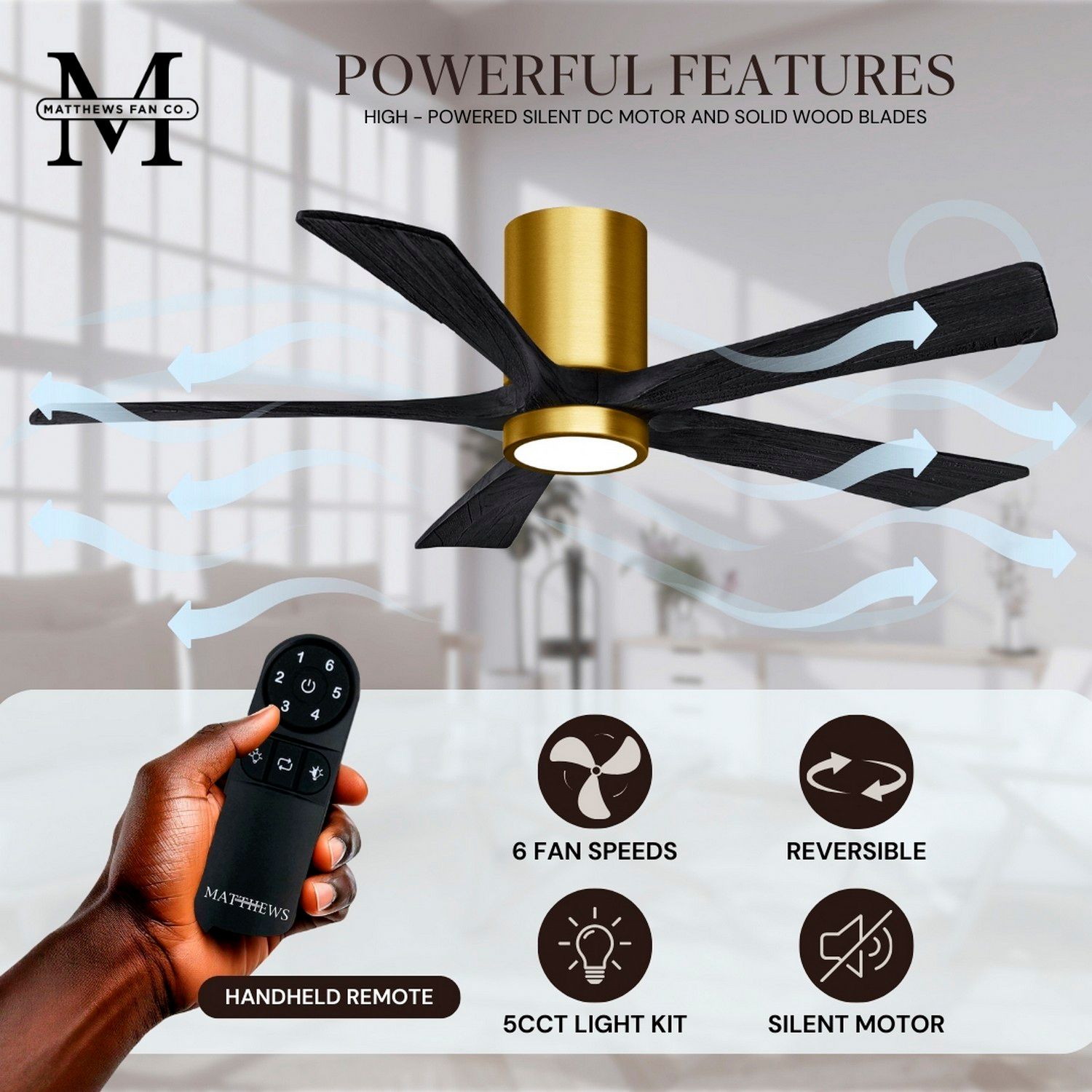 60" Irene-5HLK LED Damp Brass and Matte Black Ceiling Fan with Remote