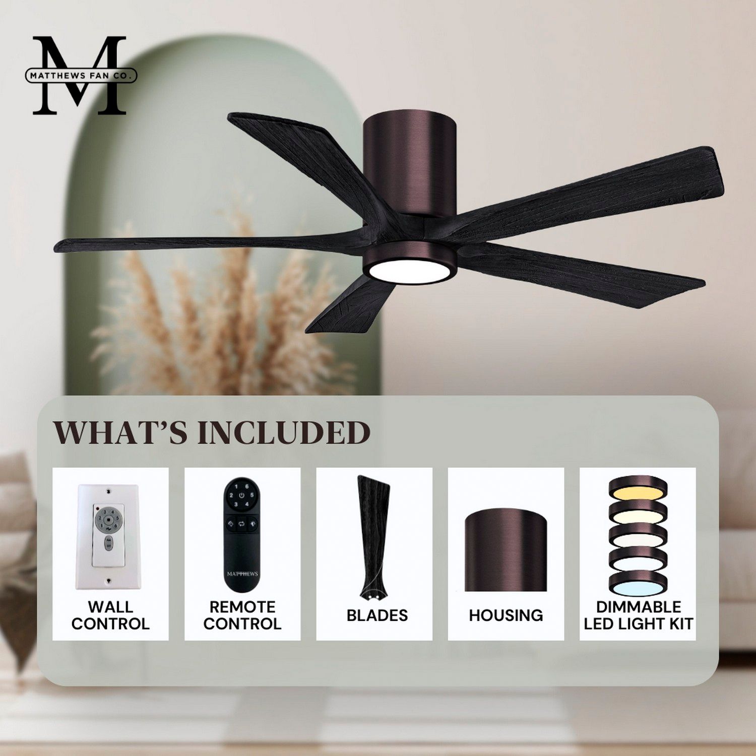 60" Irene-5HLK LED Damp Brushed Bronze Black 5-Blade Fan with Remote