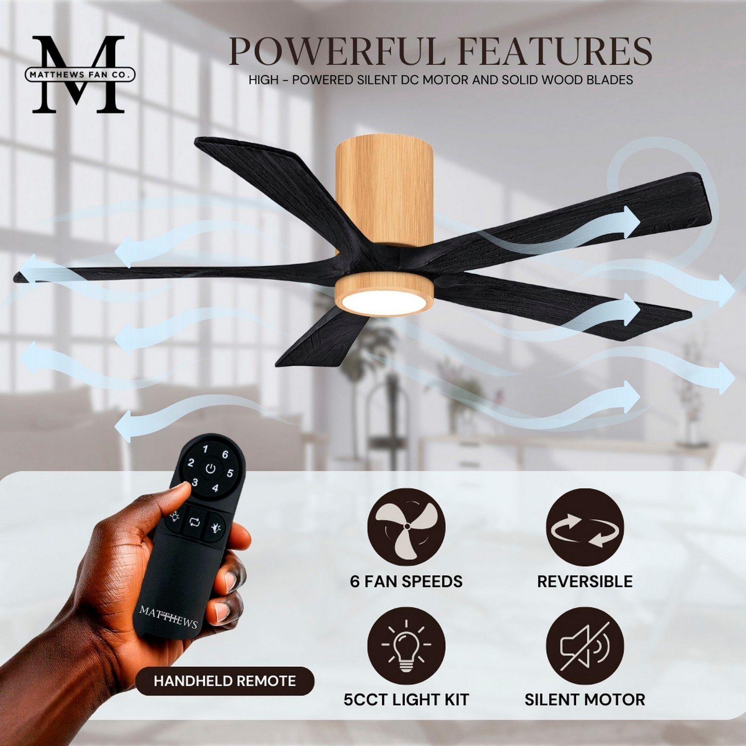 60" Irene-5HLK Light Maple and Matte Black Ceiling Fan