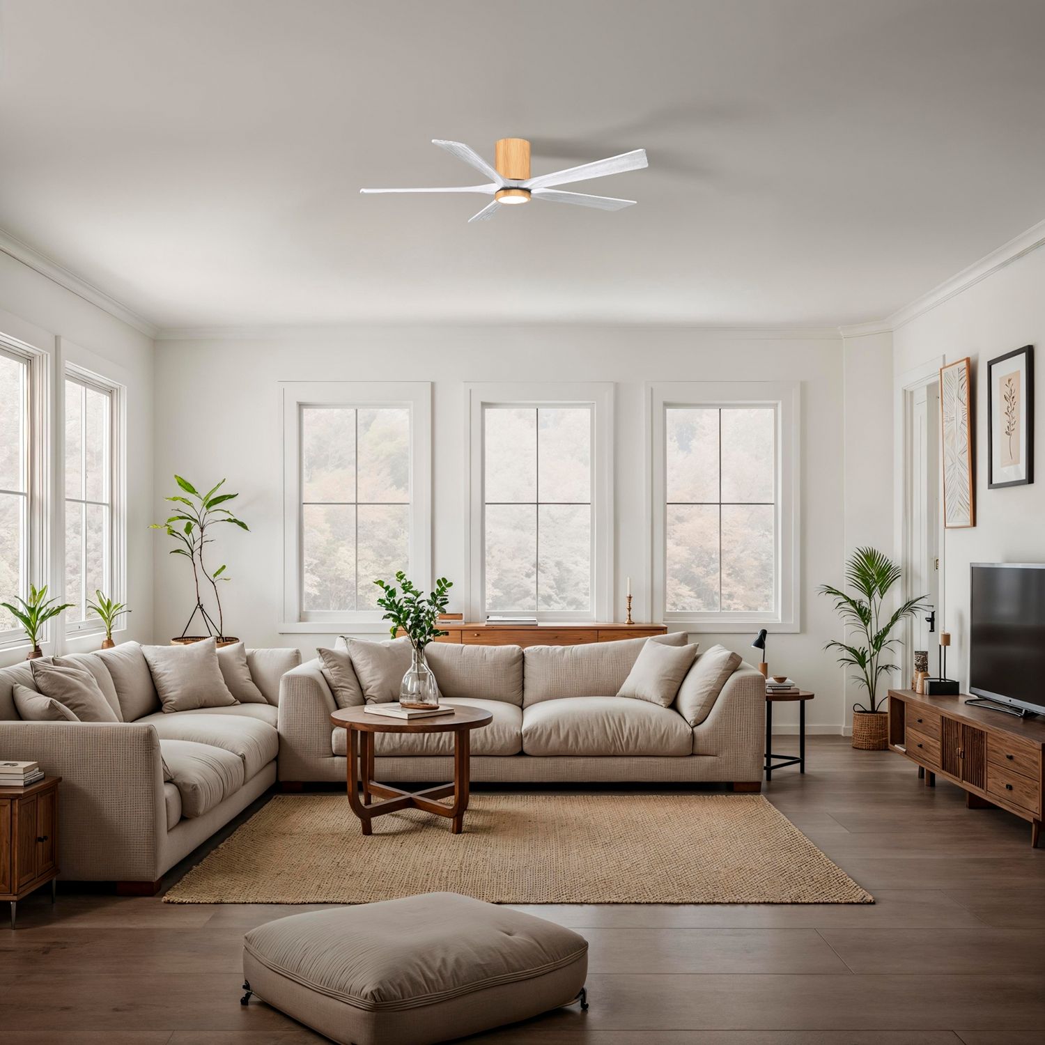 60" Irene-5HLK Light Maple and Matte White Ceiling Fan