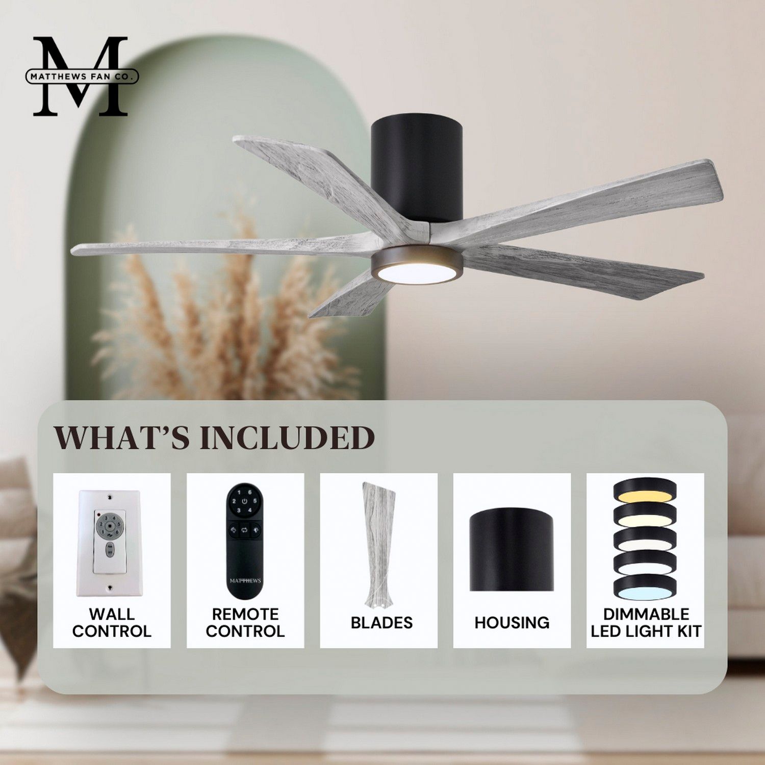 60" Irene-5HLK Matte Black and Barn Wood LED Ceiling Fan with Remote