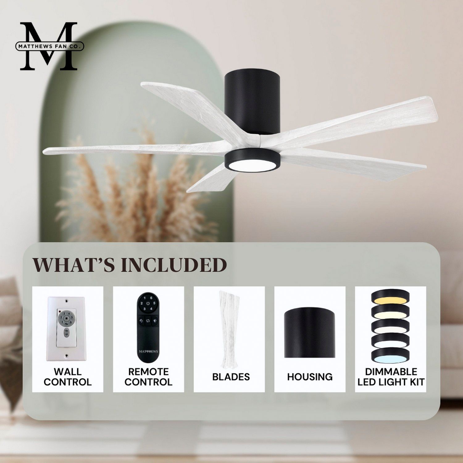 60" Irene-5HLK Matte Black and Matte White LED Ceiling Fan with Remote