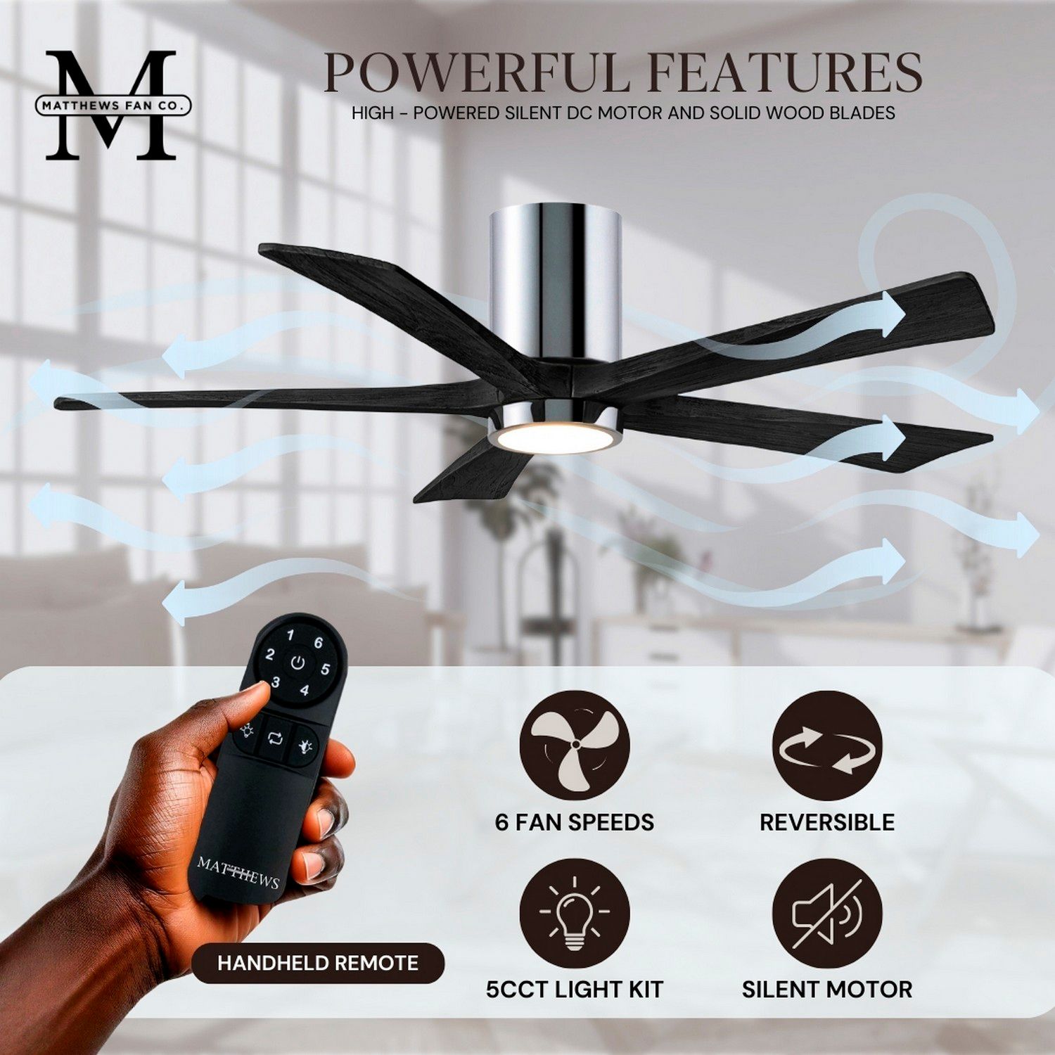 60" Irene-5HLK Polished Chrome and Black LED Ceiling Fan with Remote