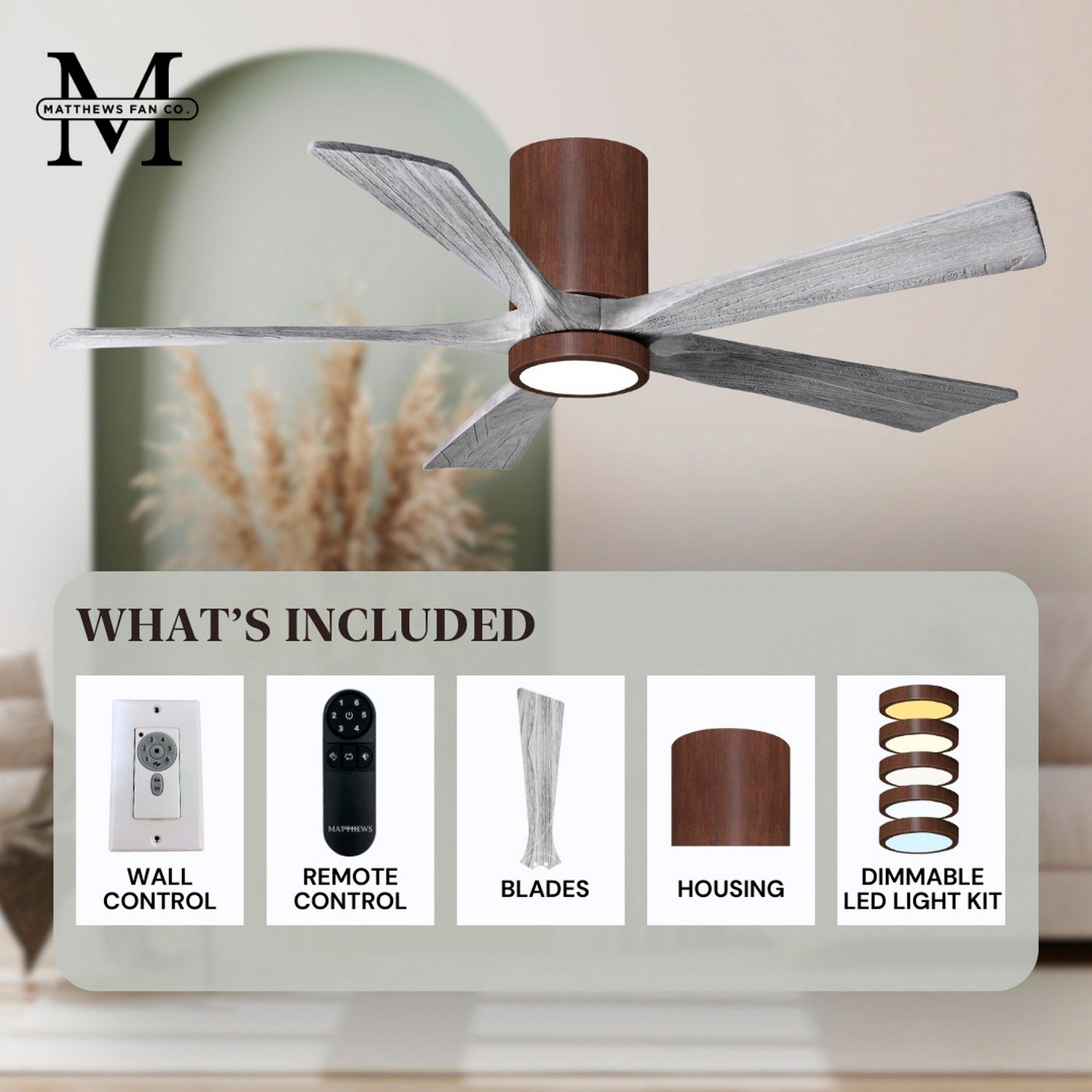 60" Irene-5HLK Walnut and Barn Wood LED Hugger Ceiling Fan with Remote